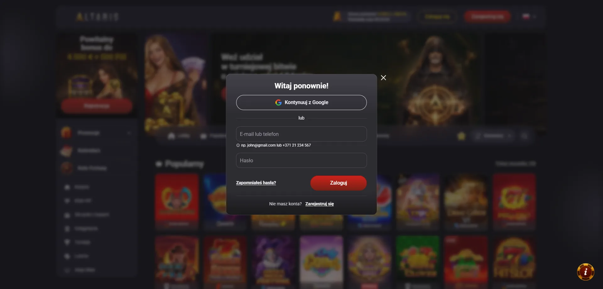 Logowanie i rejestracja w Altaris Casino – ekran konta gracza
