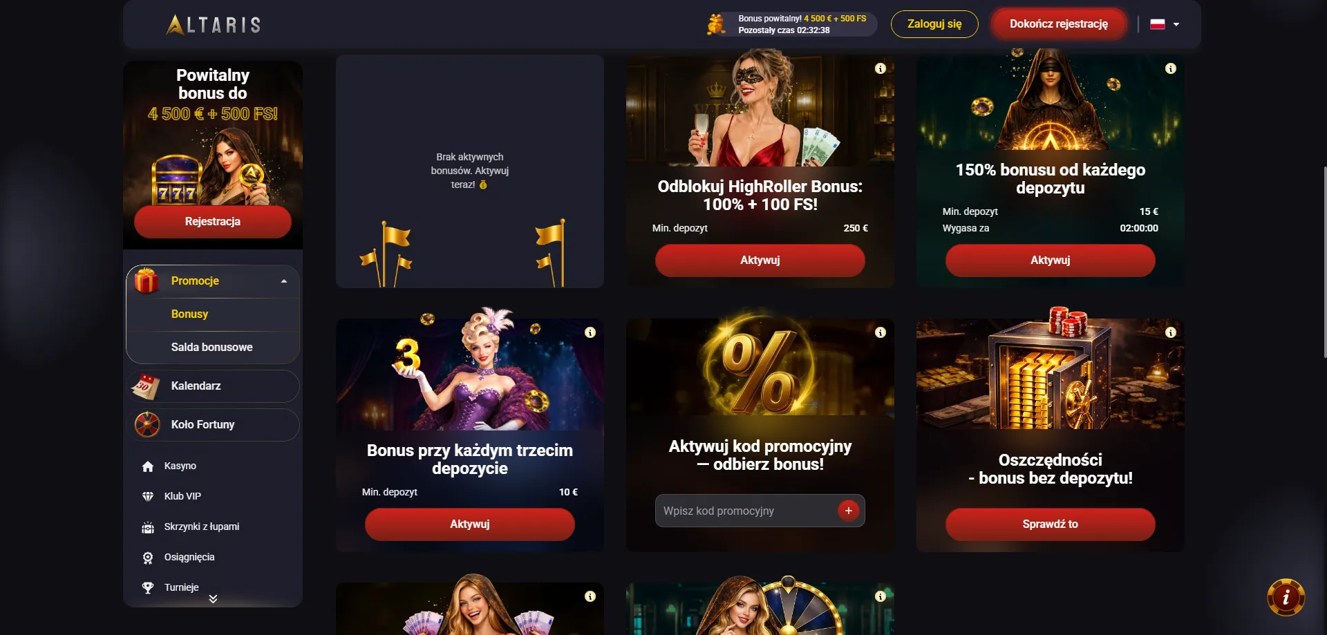 Pakiet powitalny Altaris Casino – bonus do €1500 i darmowe spiny